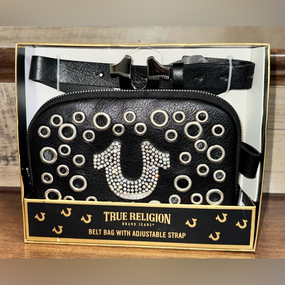 ✅ 🥰 True Religion New Belt Bag Crossbody With Adjustable Strap Black Silver Logo